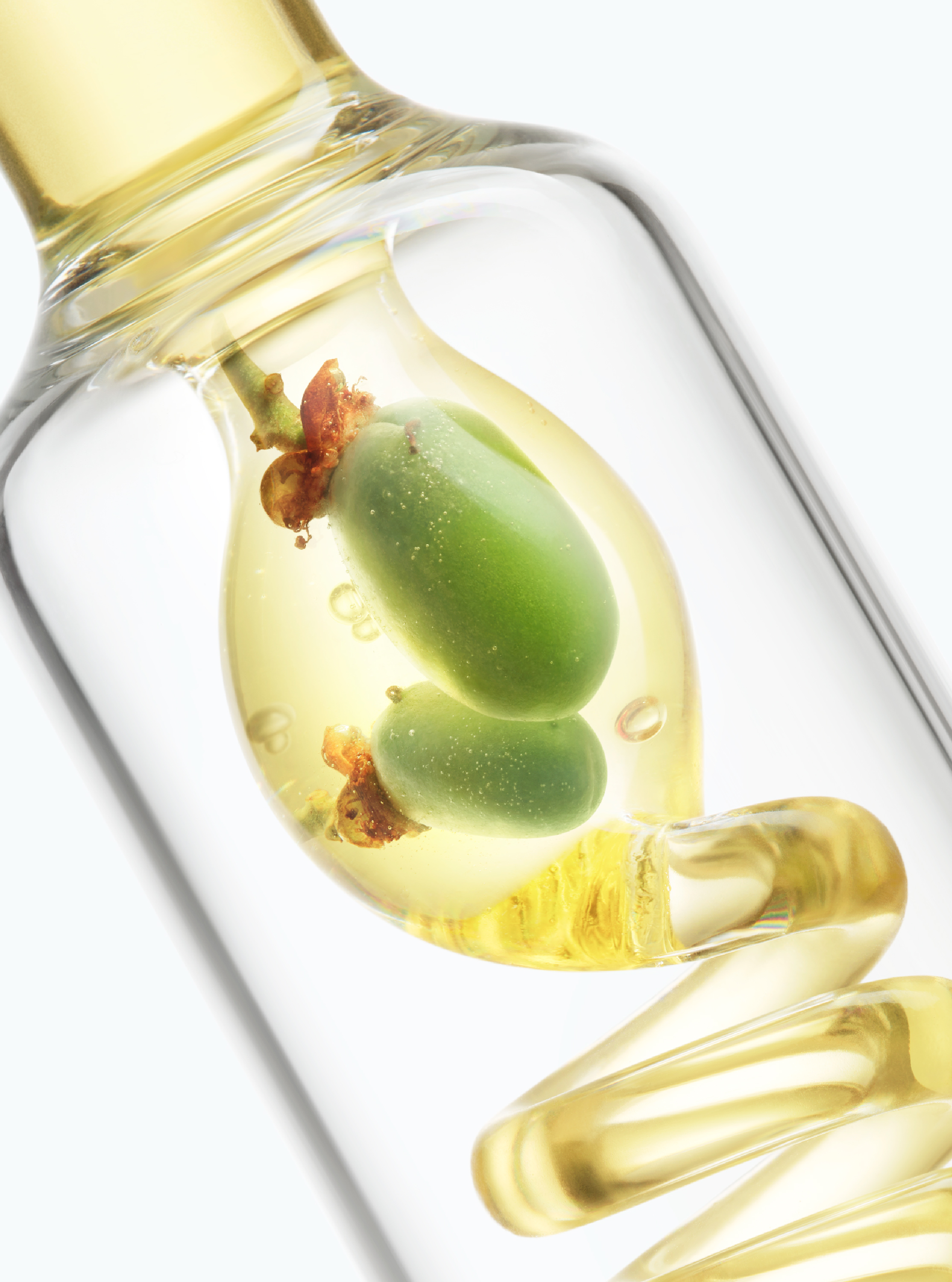 透明玻璃容器中的绿色植物果实与金黄色液体,象征特色植物活性研究